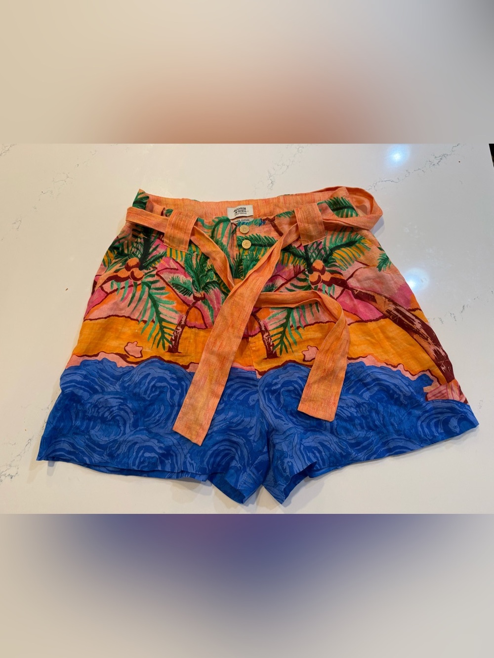 Scotch & Soda Orange Pink and Blue Tropical Tie-Waist Shorts 100% Linen
